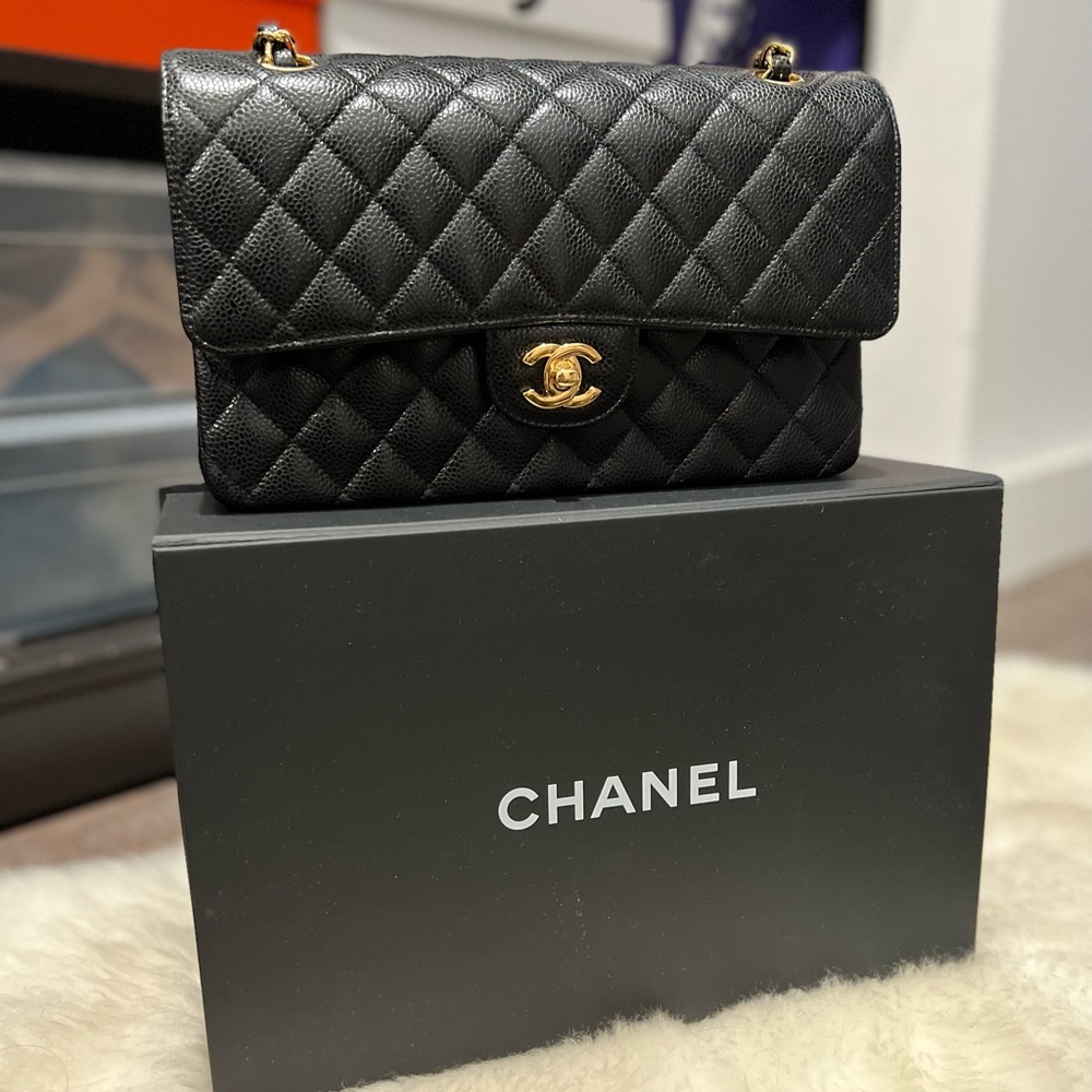 Chanel Classic Medium in Caviar Leather with gold chain